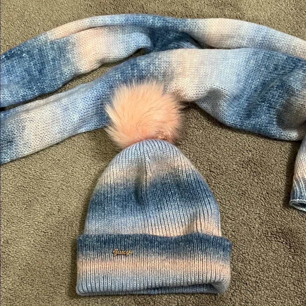 Juicy Couture ombré pink blue Pom beanie hat and scarf set New without tags
